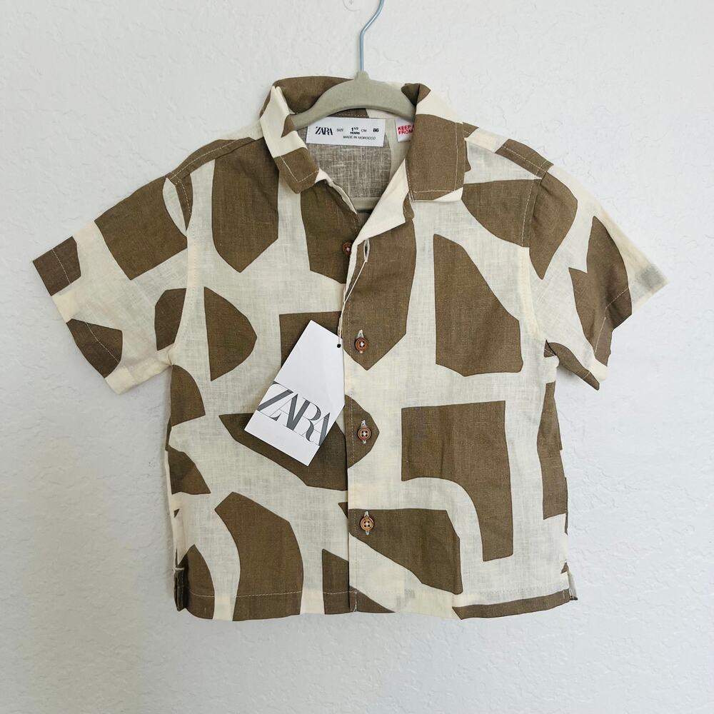 Zara Kids NWT Brown Abstract Geometric Linen Shirt Size 1.5Y (12-18m)